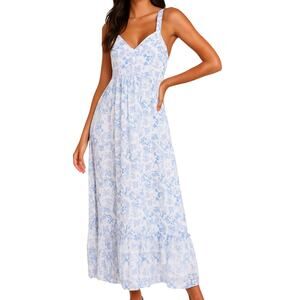 Lulus My Love Story Blue White Floral Print Tie-Back Maxi Dress size M NEW Tags